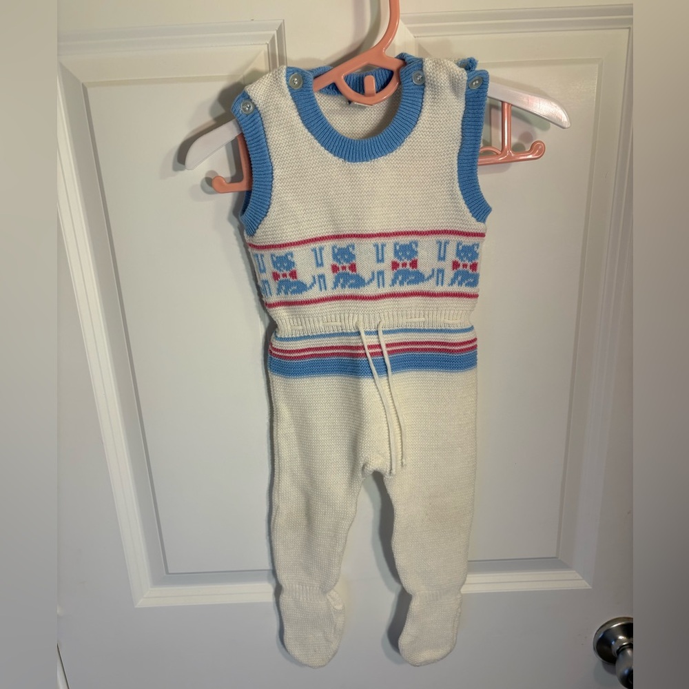 Vintage 1980 Baby Club Knitted Cat Footed One Piece 3-6M fairykei kawaii